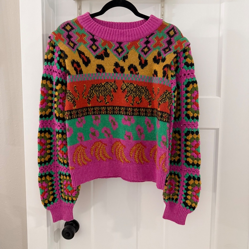 Farm Rio Ainika Leopard Banana Crochet Sleeve Knit Sweater Boho Maximalist XS